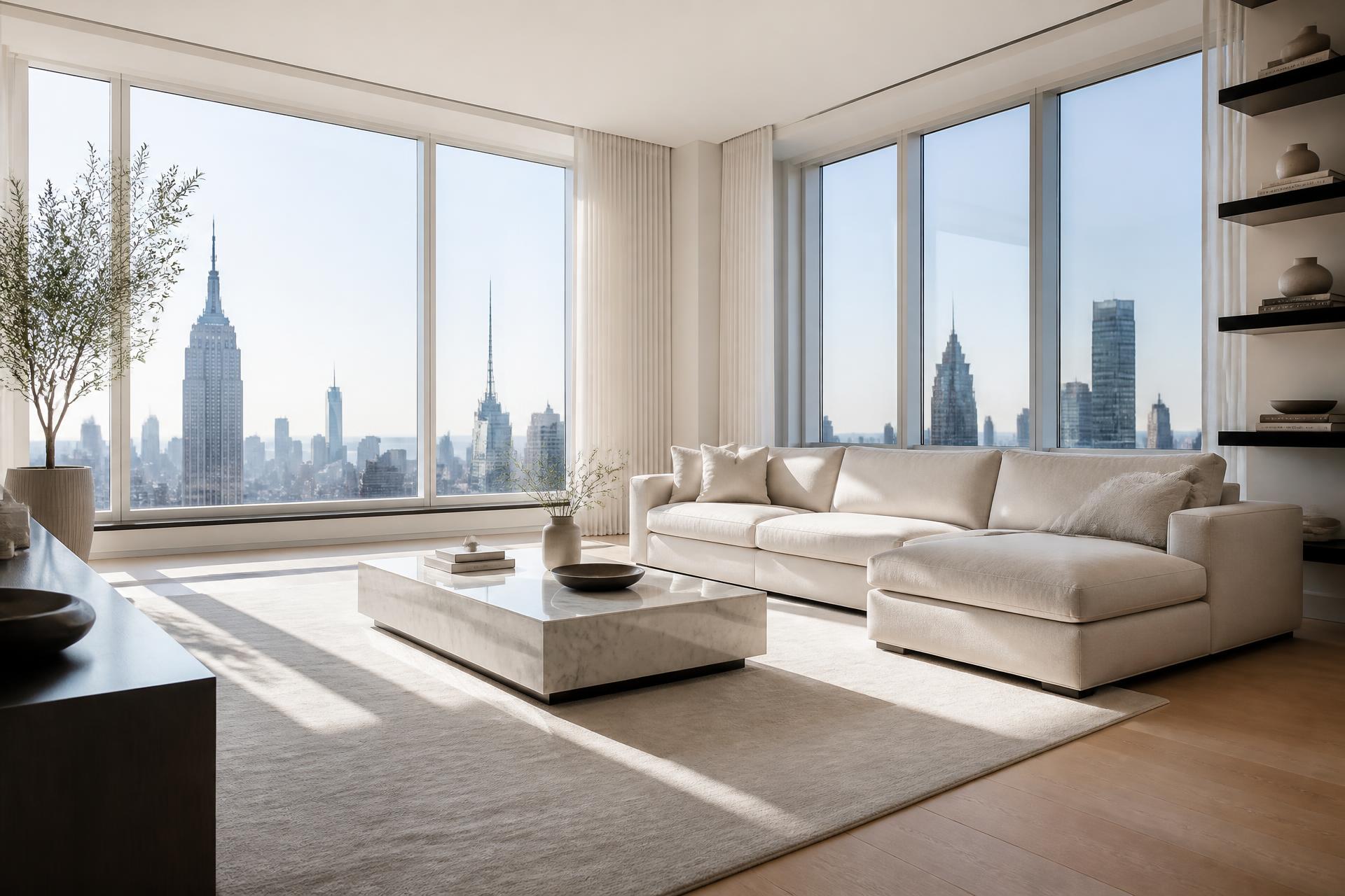 Bright, minimal luxury New York apartment interior maintained by Upserv Ny Cleaning